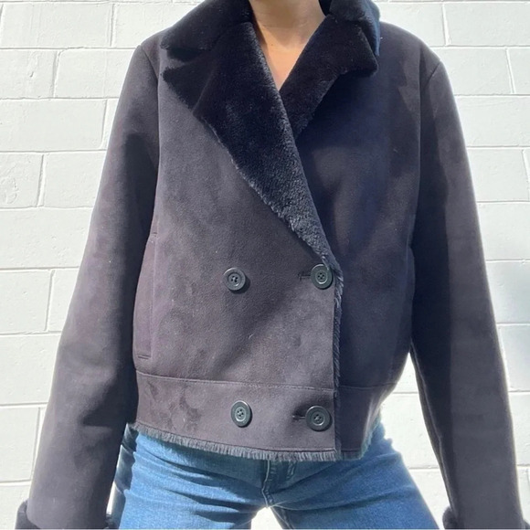 Ralph Lauren Label Black Plush Jacket faux Shearling Fur Coat Button Up size M - Picture 2 of 12